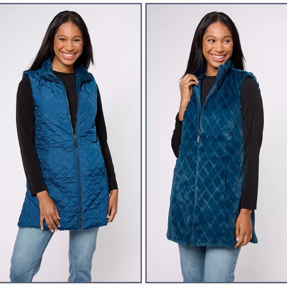 Dennis Basso Zip Front Faux Fur Reversible Vest w/ Side Slits